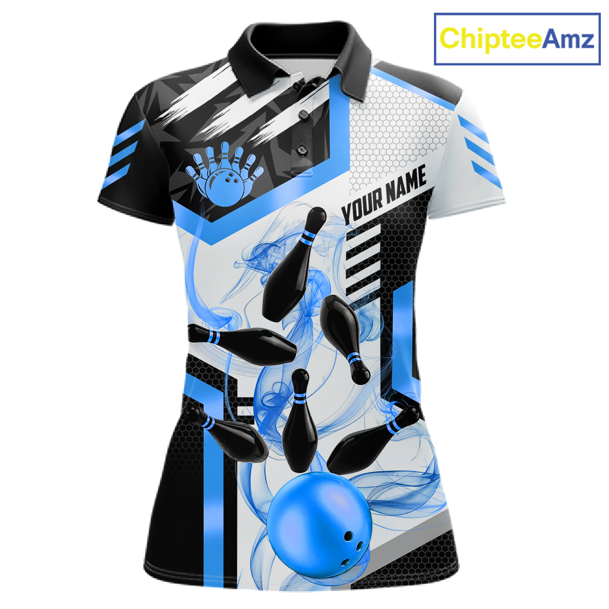 Custom Smoke Bowling Pins Polo & Quarter Zip Shirt For Women, Bowling League Team Jersey |Blue TDM6522