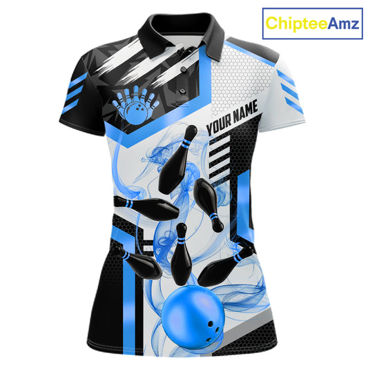 Custom Smoke Bowling Pins Polo & Quarter Zip Shirt For Women, Bowling League Team Jersey |Blue TDM6522