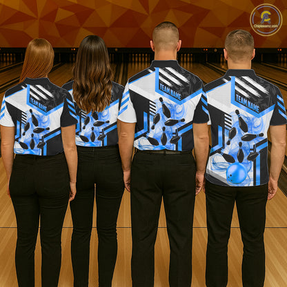 Custom Smoke Bowling Pins Polo & Quarter Zip Shirt For Women, Bowling League Team Jersey |Blue TDM6522