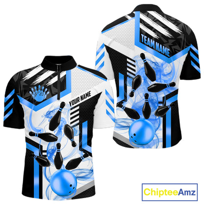 Custom Smoke Bowling Pins Polo & Quarter Zip Shirt For Men, Bowling League Team Jersey |Blue TDM6522
