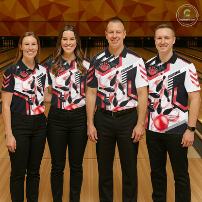 Custom Smoke Bowling Pins Polo & Quarter Zip Shirt For Men, Bowling League Team Jersey |Red TDM6523