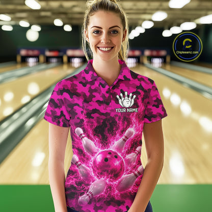 Custom Pink Camo Lightning Flame Bowling Jersey For Women, Bowling Team Shirts Polo & 1/4 Zip TDM6524