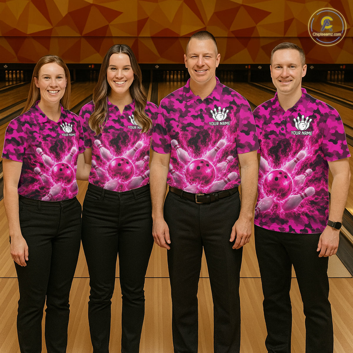 Custom Pink Camo Lightning Flame Bowling Jersey For Women, Bowling Team Shirts Polo & 1/4 Zip TDM6524