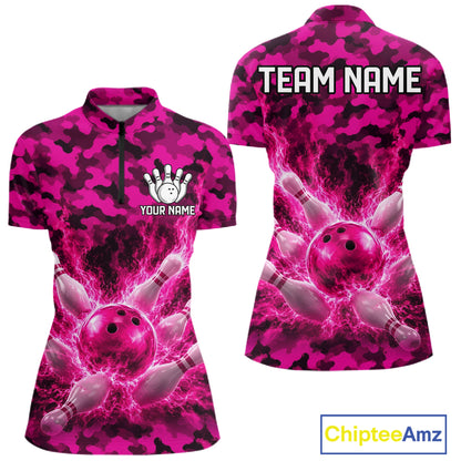 Custom Pink Camo Lightning Flame Bowling Jersey For Women, Bowling Team Shirts Polo & 1/4 Zip TDM6524