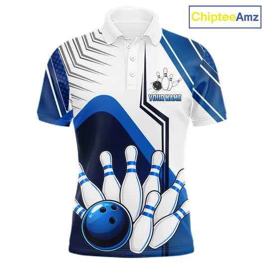 Custom White And Blue Bowling Ball Polo & Quarter Zip For Men, Bowling Team Shirts, Bowling Jersey TDM6525