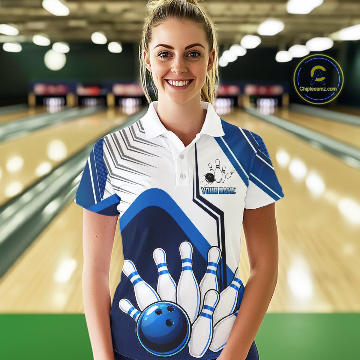 Custom White And Blue Bowling Ball Polo & Quarter Zip For Women, Bowling Team Shirts, Bowling Jersey TDM6525