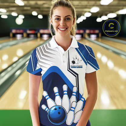 Custom White And Blue Bowling Ball Polo & Quarter Zip For Women, Bowling Team Shirts, Bowling Jersey TDM6525
