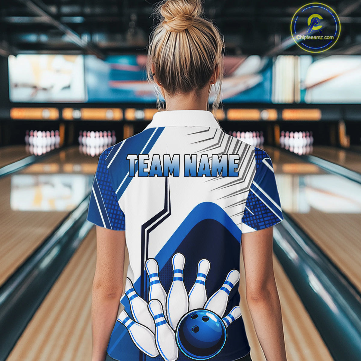 Custom White And Blue Bowling Ball Polo & Quarter Zip For Women, Bowling Team Shirts, Bowling Jersey TDM6525