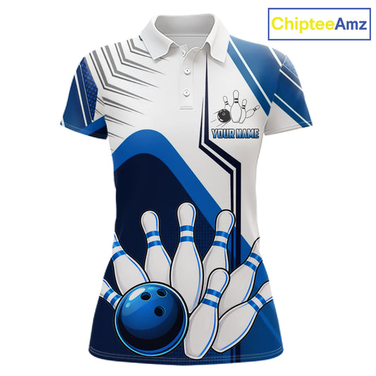 Custom White And Blue Bowling Ball Polo & Quarter Zip For Women, Bowling Team Shirts, Bowling Jersey TDM6525