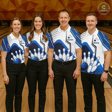 Load image into Gallery viewer, Custom White And Blue Bowling Ball Polo &amp; Quarter Zip For Men, Bowling Team Shirts, Bowling Jersey TDM6525