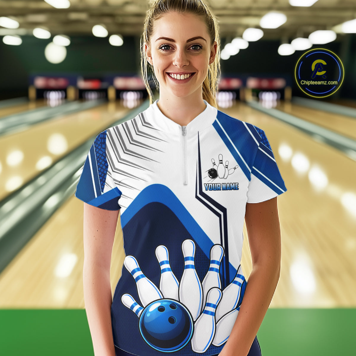 Custom White And Blue Bowling Ball Polo & Quarter Zip For Women, Bowling Team Shirts, Bowling Jersey TDM6525