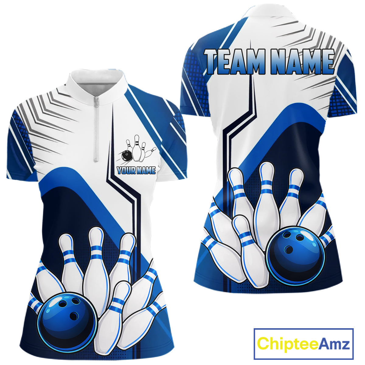 Custom White And Blue Bowling Ball Polo & Quarter Zip For Women, Bowling Team Shirts, Bowling Jersey TDM6525