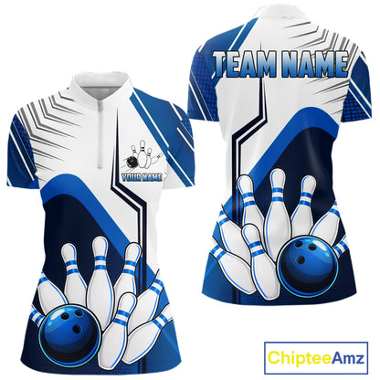 Custom White And Blue Bowling Ball Polo & Quarter Zip For Women, Bowling Team Shirts, Bowling Jersey TDM6525