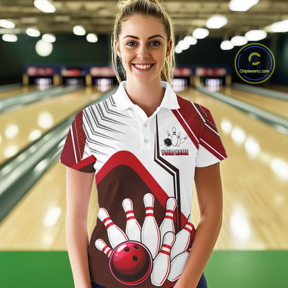 Custom White And Red Bowling Ball Polo & Quarter Zip For Women, Bowling Team Shirts, Bowling Jersey TDM6526