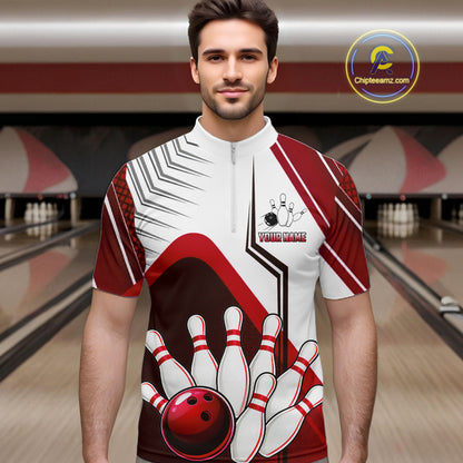 Custom White And Red Bowling Ball Polo & Quarter Zip For Men, Bowling Team Shirts, Bowling Jersey TDM6526