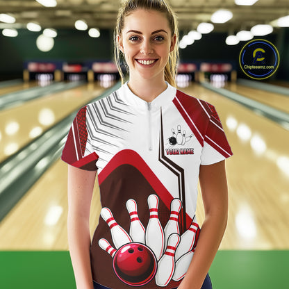 Custom White And Red Bowling Ball Polo & Quarter Zip For Women, Bowling Team Shirts, Bowling Jersey TDM6526