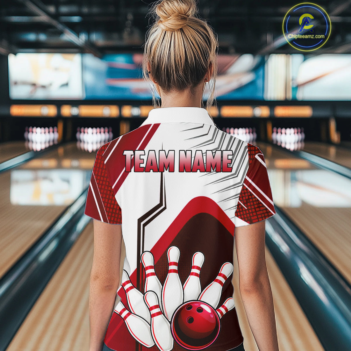 Custom White And Red Bowling Ball Polo & Quarter Zip For Women, Bowling Team Shirts, Bowling Jersey TDM6526