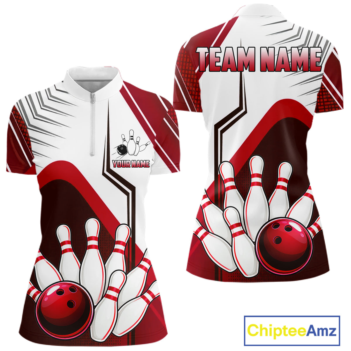 Custom White And Red Bowling Ball Polo & Quarter Zip For Women, Bowling Team Shirts, Bowling Jersey TDM6526