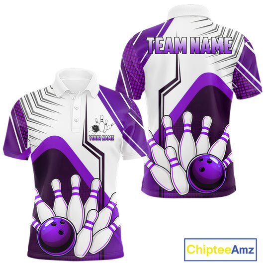 Custom White And Purple Bowling Ball Polo & Quarter Zip For Men, Bowling Team Shirt, Bowling Jersey TDM6527