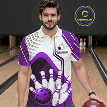Load image into Gallery viewer, Custom White And Purple Bowling Ball Polo &amp; Quarter Zip For Men, Bowling Team Shirt, Bowling Jersey TDM6527
