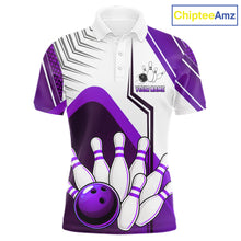 Load image into Gallery viewer, Custom White And Purple Bowling Ball Polo &amp; Quarter Zip For Men, Bowling Team Shirt, Bowling Jersey TDM6527