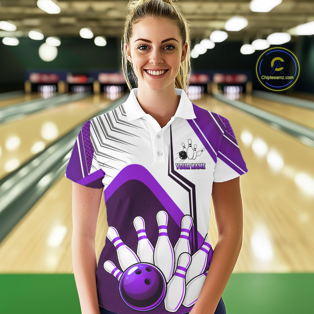 Custom White And Purple Bowling Ball Polo & Quarter Zip For Women, Bowling Team Shirt, Bowling Jersey TDM6527