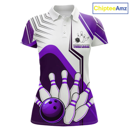 Custom White And Purple Bowling Ball Polo & Quarter Zip For Women, Bowling Team Shirt, Bowling Jersey TDM6527