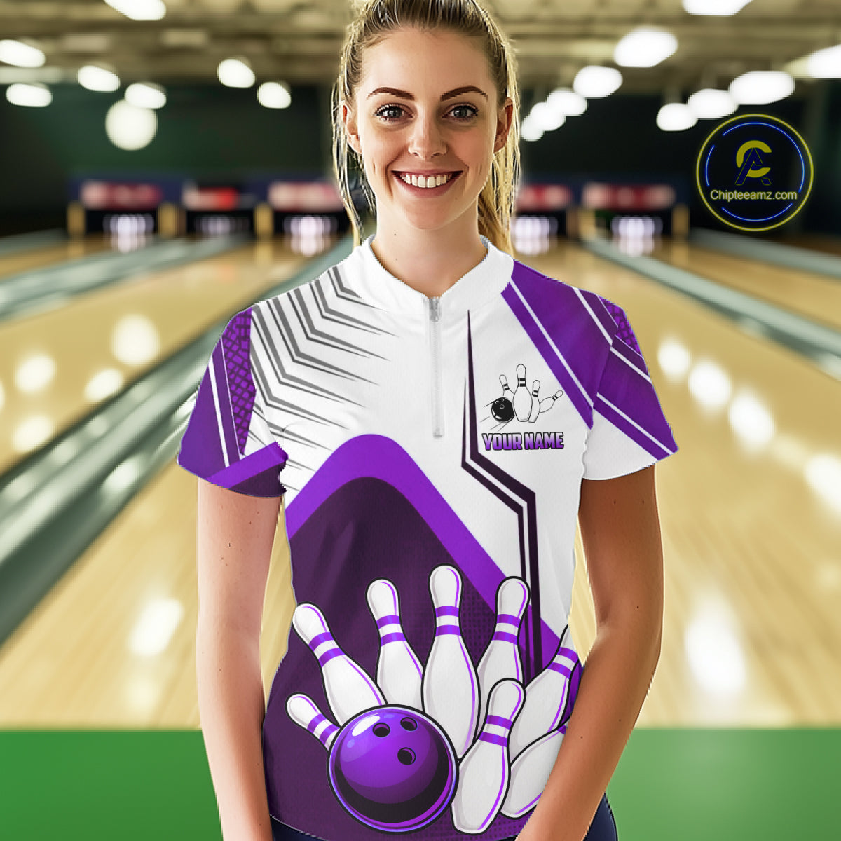 Custom White And Purple Bowling Ball Polo & Quarter Zip For Women, Bowling Team Shirt, Bowling Jersey TDM6527