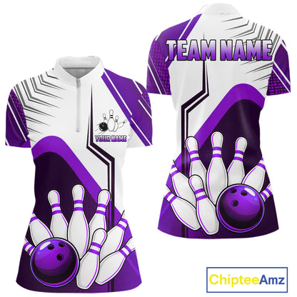 Custom White And Purple Bowling Ball Polo & Quarter Zip For Women, Bowling Team Shirt, Bowling Jersey TDM6527