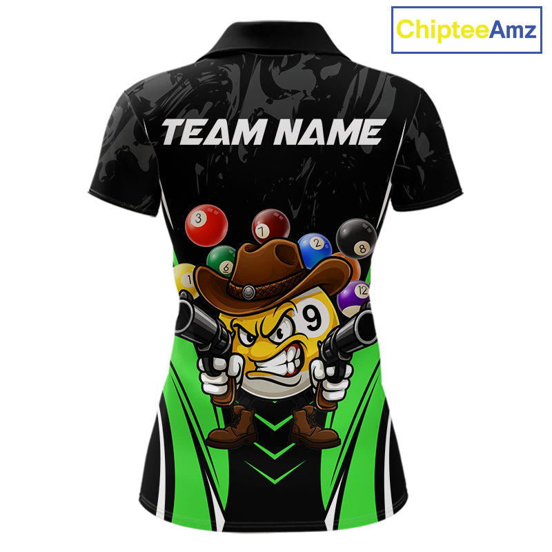 Black and green 8 ball and 9 ball billiard polo shirt for women with custom pool team graphics.