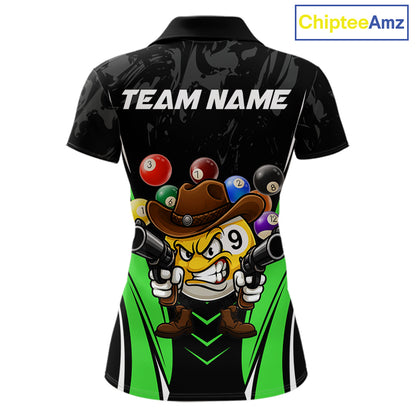 Black and green 8 ball and 9 ball billiard polo shirt for women with custom pool team graphics.