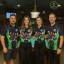 Load image into Gallery viewer, Pool team wearing matching black and green 8 ball and 9 ball billiard jerseys during tournament matches front view.
