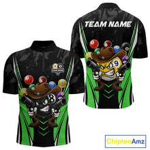 Load image into Gallery viewer, Black and green 8 ball and 9 ball billiard quarter zip shirt for men built for tournaments and league play.