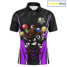 Load image into Gallery viewer, Black and purple 8 ball and 9 ball billiard polo shirt for men with custom pool team graphics.