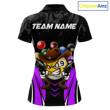 Load image into Gallery viewer, Black and purple 8 ball and 9 ball billiard polo shirt for women with custom pool team graphics.