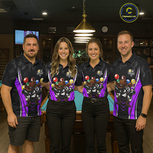 Load image into Gallery viewer, Pool team wearing matching black and purple 8 ball and 9 ball billiard jerseys during league competition front view.