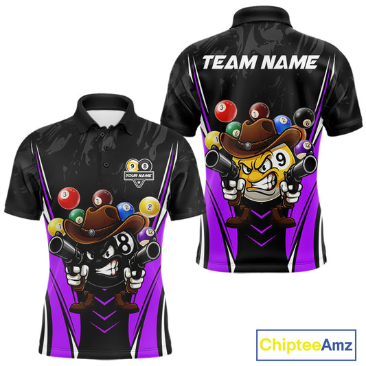 Black and purple 8 ball and 9 ball billiard polo shirt for men with custom pool team graphics.