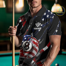 Load image into Gallery viewer, Man wearing an American flag 8 ball pool billiard jersey beside a pool table front view.