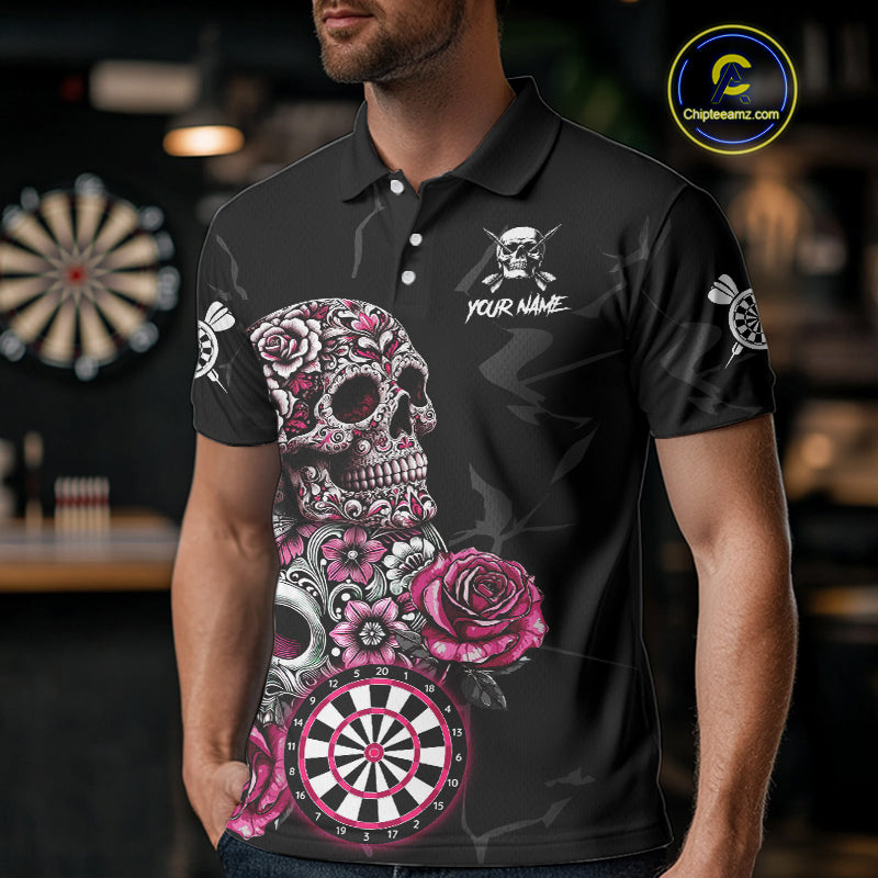 Personalized Pink Funny Skull Roses Darts Shirt For Men Custom Darts Team Jersey, Darts Outfit TDM4354