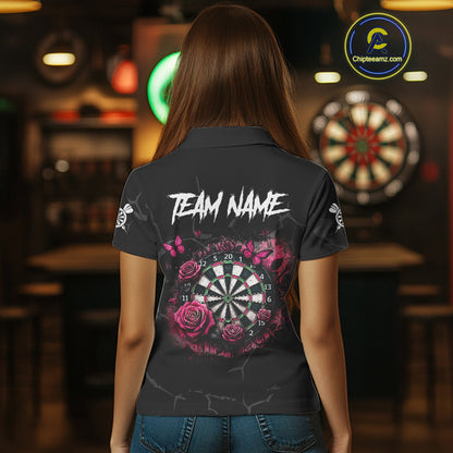 Personalized Pink Funny Skull Roses Darts Shirt For Women Custom Darts Team Jersey, Darts Outfit TDM4354