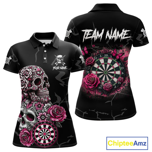 Personalized Pink Funny Skull Roses Darts Shirt For Women Custom Darts Team Jersey, Darts Outfit TDM4354