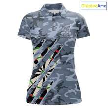 Load image into Gallery viewer, Personalized blue military camo darts league team jersey polo shirt for women featuring blue camouflage artwork, premium custom darts league apparel for tournaments and competitive teams.