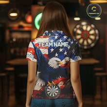 Load image into Gallery viewer, Woman wearing personalized American flag eagle darts team jersey polo shirt featuring patriotic eagle artwork, back view.