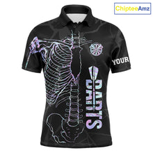 Load image into Gallery viewer, Personalized holographic funny skeleton darts team jersey polo shirt for men featuring vibrant holographic skeleton artwork, premium custom darts league apparel and unique darts gifts.