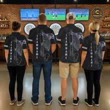 Load image into Gallery viewer, Darts team wearing matching personalized holographic funny skeleton darts team jerseys featuring premium holographic skeleton graphics, front view.