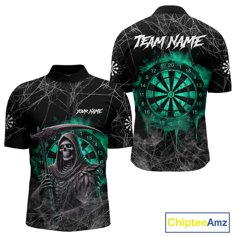 Black And Turquoise Smoke Grim Reaper Dart Shirts For Men Custom Halloween Darts Jersey Outfit TDM4590