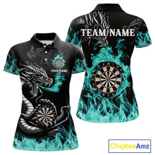 Load image into Gallery viewer, Personalized Turquoise Flaming Dragon Darts Shirt For Women Custom Darts Team Jersey Polo &amp; 1/4 Zip TDM4592