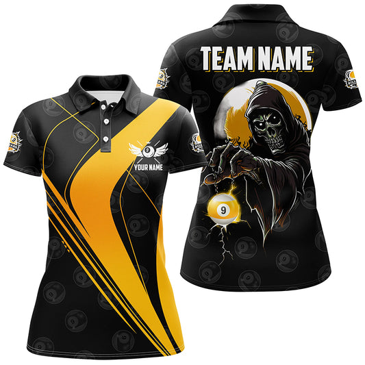 Customized Yellow Black Grim Reaper 9 Ball Billiard Shirts For Women, 9 Ball Pool Team Jerseys TDM2502