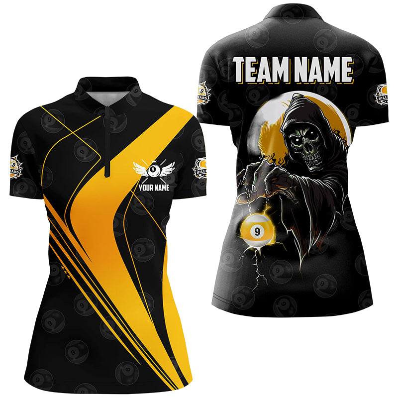 Customized Yellow Black Grim Reaper 9 Ball Billiard Shirts For Women, 9 Ball Pool Team Jerseys TDM2502