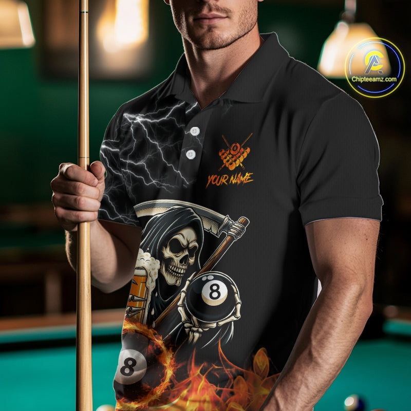 Personalized Grim Reaper Pool And Beer Flame Billiard Shirt For Men, Funny 8 Ball Pool Team Jersey TDM5014